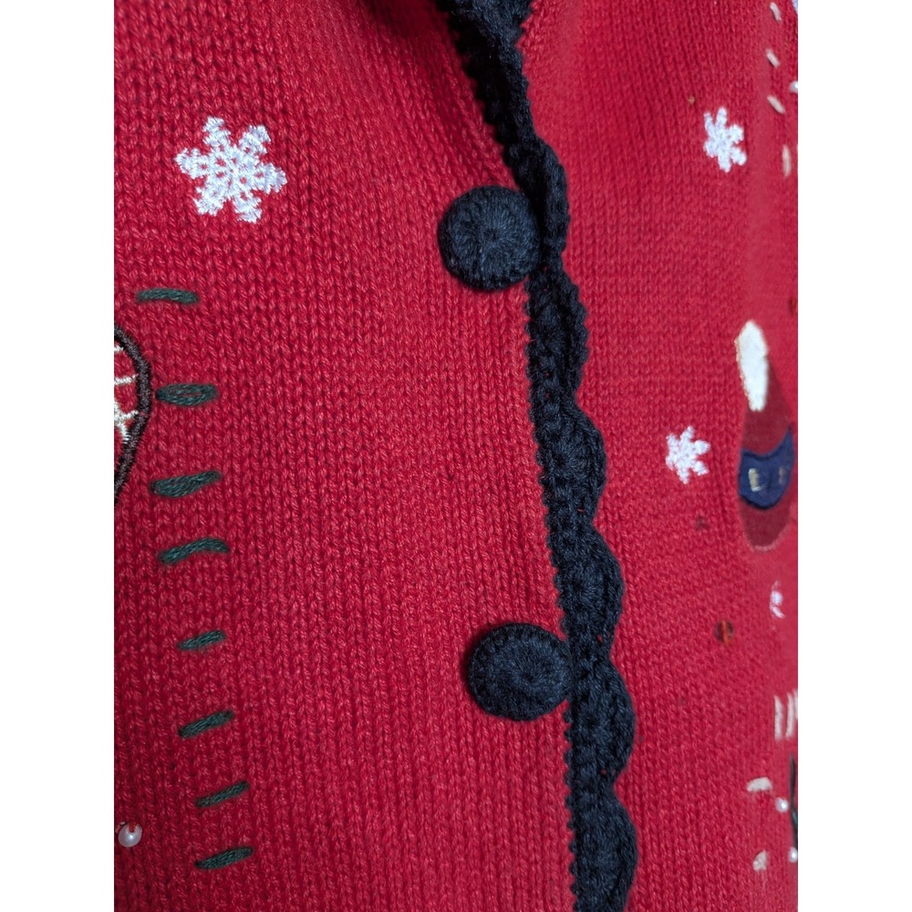 Vtg Granny Core Embroidered Cardigan Sweater Size Large Red Winter Chunky Knit - Picture 2 of 11